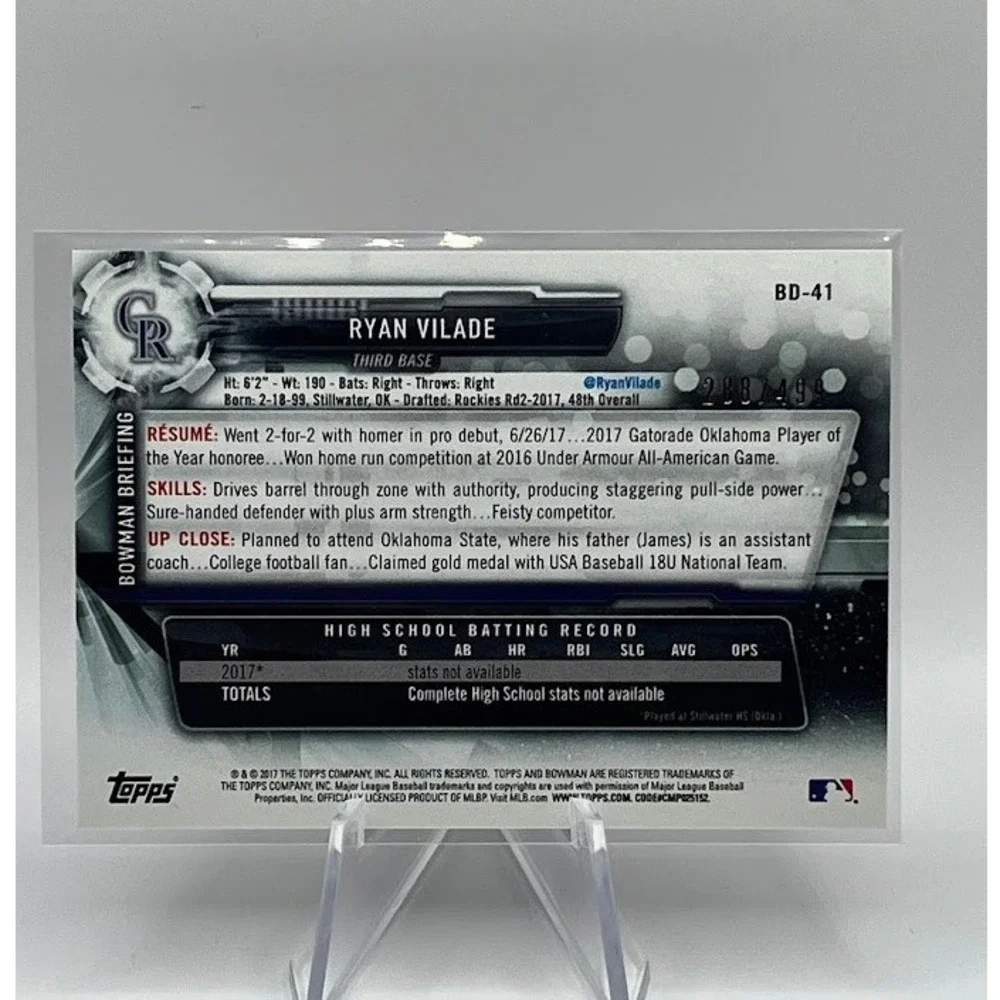 Ryan Vilade Silver Foil /499 2017 Bowman BD-41 MLB Colorado Rockies